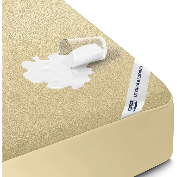 Utopia Bedding Wasserdichter Matratzenschoner für Doppelbett, XL, Premium-Frottee-Matratzenbezug, 200 g/m², atmungsaktiv, Spannbetttuch mit dehnbaren Taschen (Beige)