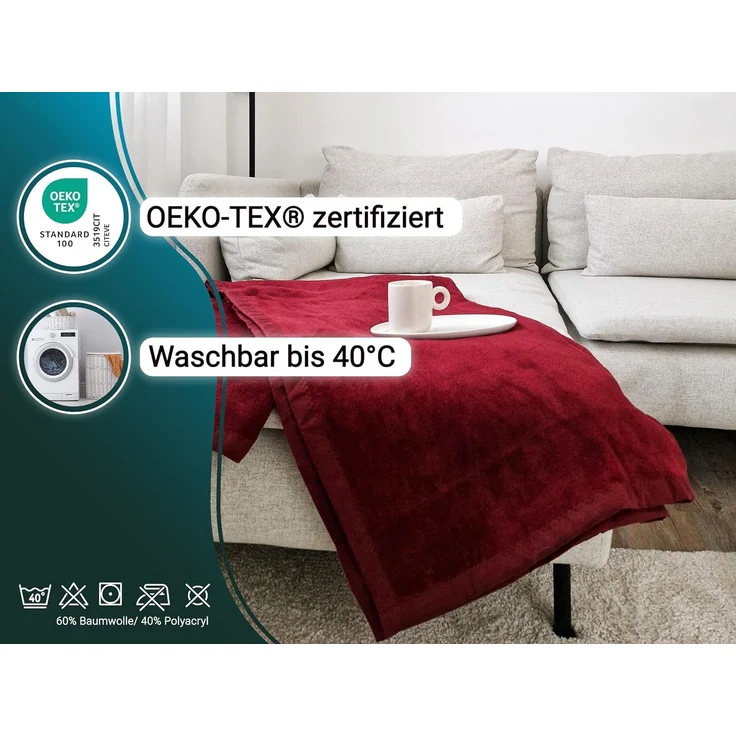 ZOLLNER Kuscheldecke mit Einfassband, 220x240 cm, weinrot (rot) – Bild 3