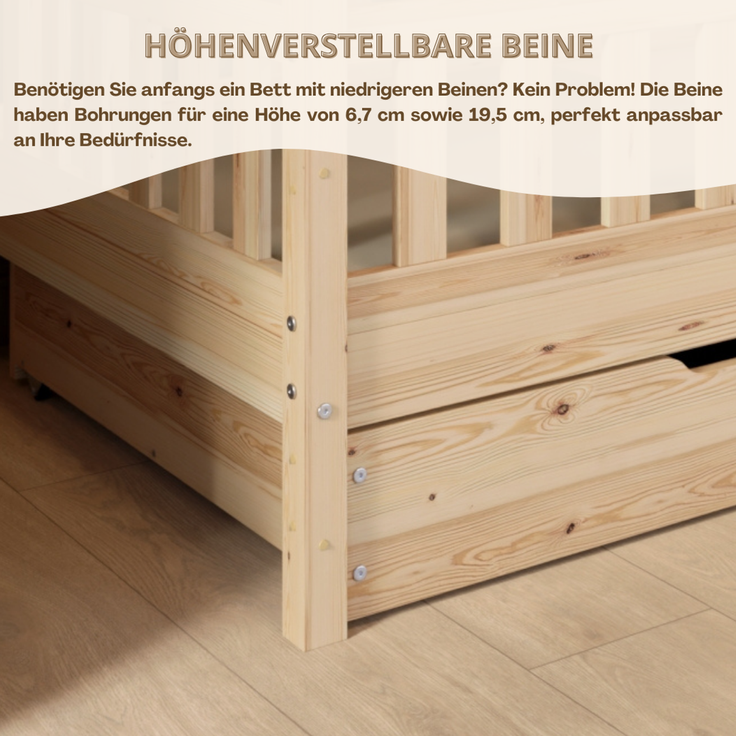 Crazy Pine 'Crazy Blanco' Hausbett mit Rausfallschutz, Skandinavisches Design, Naturholz, Natur, 80x160 cm, mit Schubladen – Bild 6