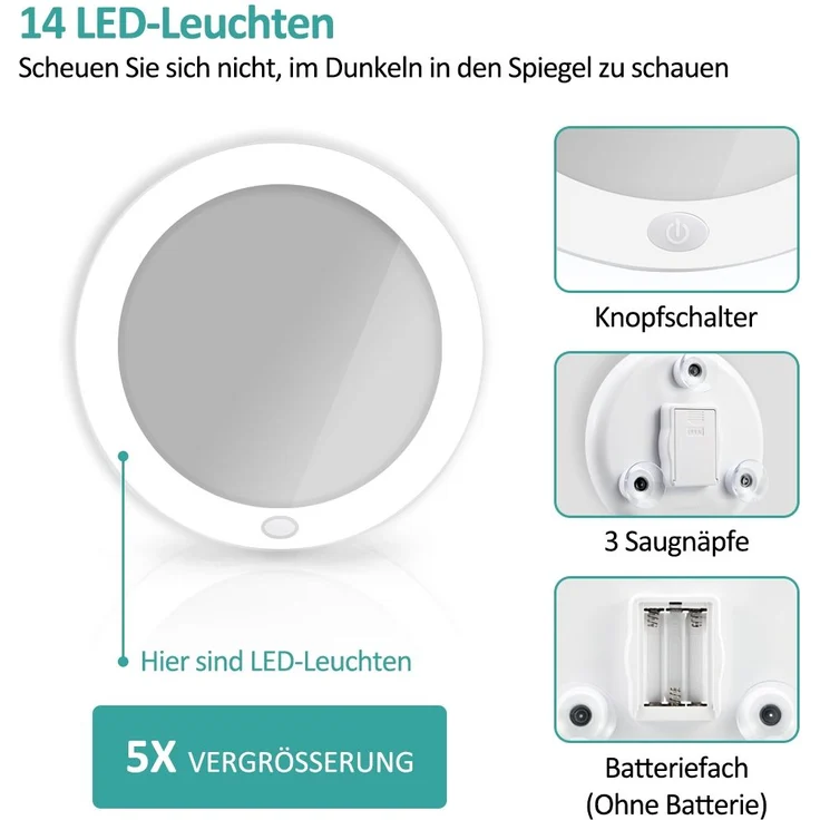 EMKE Kosmetikspiegel mit beleuchtung mit 5 fach VergrÃ¶ÃŸerungsspiegel, WeiÃŸ LED Schminkspiegel mit Saugnapf, 165 mm Durchmesser Tragbarer Wandspiegel Batteriebetrieben – Bild 2