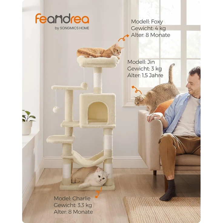 Feandrea Kratzbaum, 112 cm hoch, Katzenbaum, mehrstöckiges Katzenhaus, mit 4 Kratzsäulen, 2 Plattformen, Hängematte, Höhle, beige PCT261M01 – Bild 2