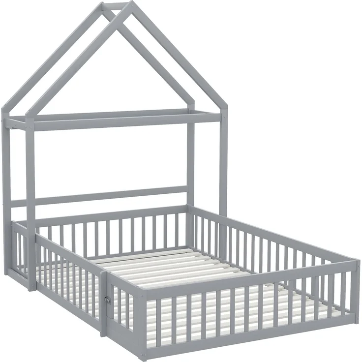 Kinderbett 140 x 200, Kinderbettgestell aus Massivholz mit Stauraum, Vollschutzgitter und Türen und Lattenrost, Grau – Bild 7