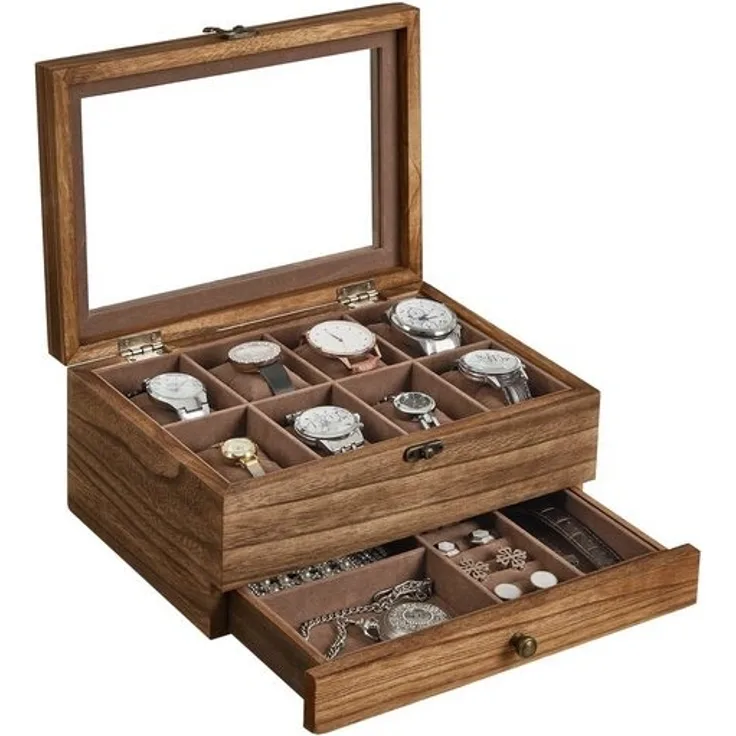 SONGMICS Uhrenbox mit 8 Fächern, Uhrenkasten aus Massivholz, mit Glasdeckel, Uhrenkissen, Schmuckaufbewahrung, Geschenk für Ihre Liebsten, walnussfarben JOW008K01