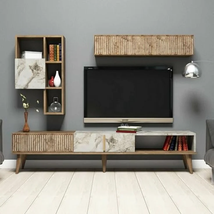Dmora - Wohnzimmermöbel Gemini, Modulares Wohnzimmerset, Mehrzweck-Wohnzimmermöbel, Moderner TV-Schrank, 180x35h40 cm, Nussbaum und Weißer Marmor – Bild 5
