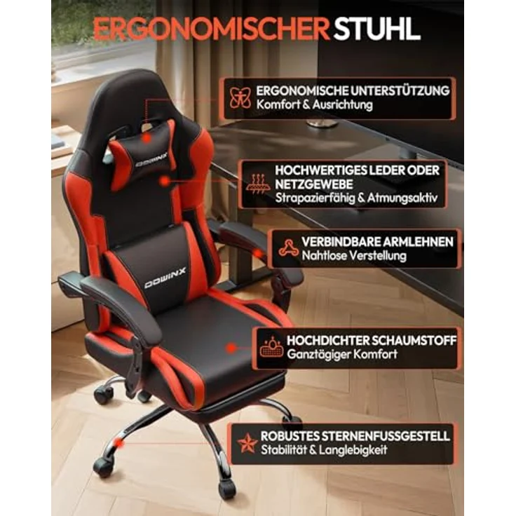 Dowinx Gaming Stuhl Bürostuhl Massage Gaming Sessel mit höhenverstellbaren Linkage-Armlehnen, ergonomischer Gamer Stuhl mit Fußstütze, gepolstert Gaming Chair 150° neigbar bis 180 kg, Rot – Bild 6