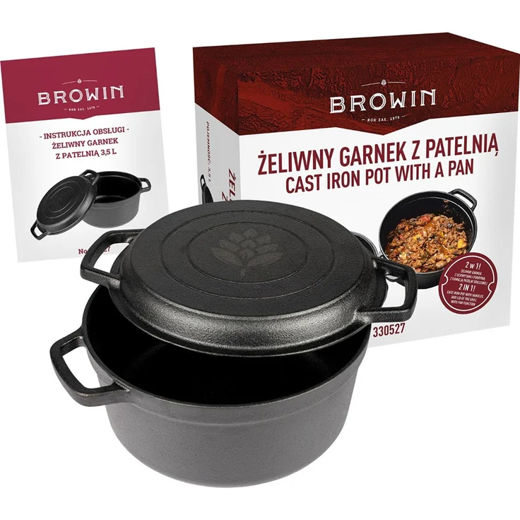 Browin 330527 Gusseisentopf mit Pfanne, 3,5 L / Schmortopf mit Grillpfanne – Bild 8