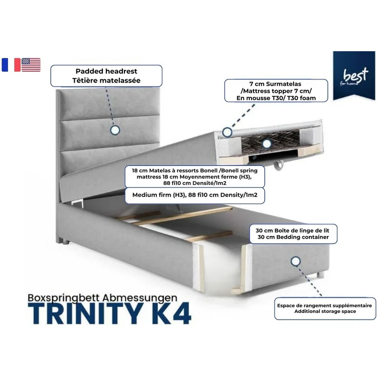 Best for Home Boxspringbett K4 SINGLE mit Bettkasten (Grau 100x200) – Bild 6