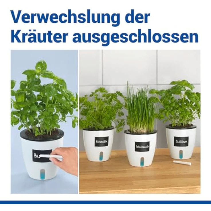 Maximex Selbstbewässernde Pflanztöpfe, 15-teiliges Set, Kräutertöpfe mit Wasserreservoir, automatische Bewässerung für Zimmerpflanzen, Ø 13x13,5 cm, Kunststoff – Bild 7