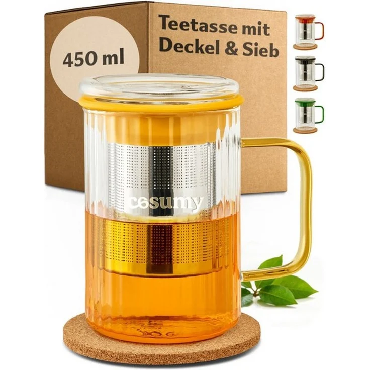 Cosumy Teeglas Teetasse mit Deckel und Sieb 450ml Gelb, 1-tlg, Borosilikatglas, Edelstahl, Kork, Edelstahlfilter – Bild 4