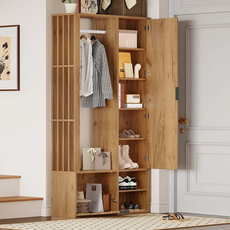 100*33*190cm garderobenschränke mit flur,6-in-1-Eingangsschrank, zum Aufhängen von Mänteln,Flurschrank mit Wäscheständer ,Garderobenschrank und Spiegel, Breite 100 cm,Schrank mit unterer Tür,Holzfarbe--Natürlich--100x33x190cm--YOUDENOVA – Bild 6