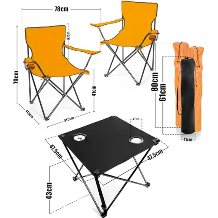 BigDean 2 Stück Campingstuhl mit Campingtisch faltbar – Faltstuhl in Neon Orange mit Getränkehalter & Tragetasche ideal für Camping, Festival & mehr – Bild 2