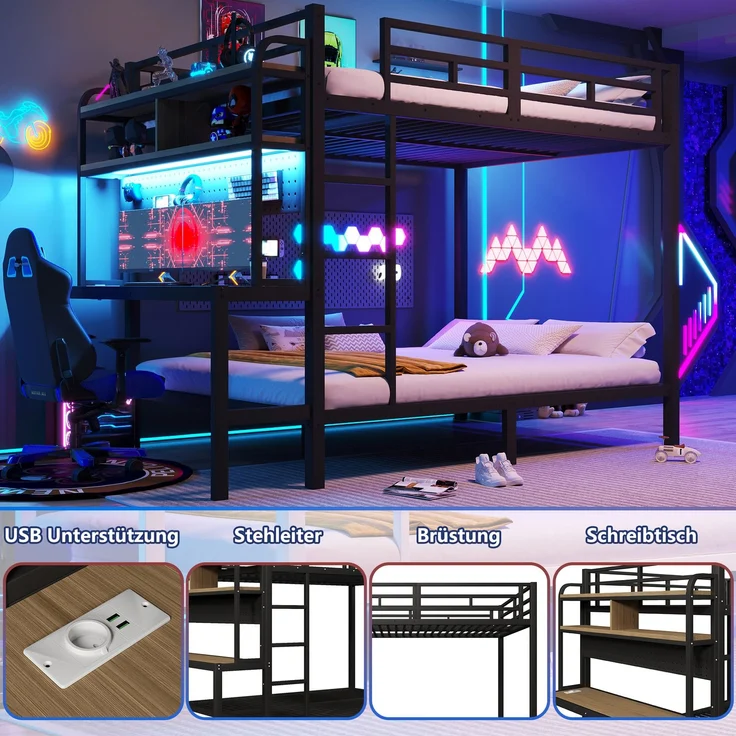 Etagenbett, 140x200 cm, Eisenrahmen, Ablagefach, Schreibtisch, mit LED-Lichtleiste, USB-Anschluss, Sicherheitsgeländer, Leiter, ohne Matratze, schwarz – Bild 3