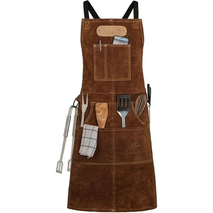BLACK FOREST FOX Grillschürze ROUGH Büffel Rau Wild Leder Arbeitsschürze, Grillschürze BBQ Kochschür, Hellbraun – Bild 4
