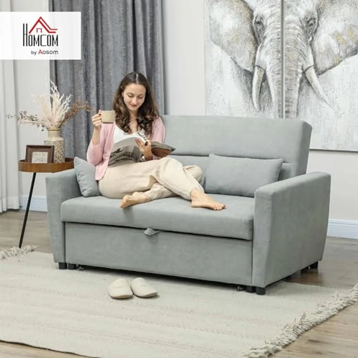 HOMCOM Schlafsofa 2-Sitzer Sofa mit Schlaffunktion, Verstellbare Rückenlehne, Schlafcouch 1 Teile, für Wohnzimmer, Gästezimmer, Hellgrau – Bild 3