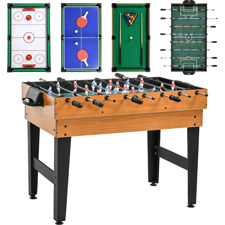 MELAYR, 4-in-1 Partyspieltisch inkl. Tischtennis, Kicker, Billard, Tischhockey, 107 x 61 x 84.5 cm, Naturholz+Schwarz