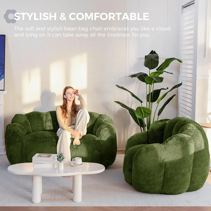 Sitzsack Memory Foam Füllung Kunstfell XXL Oliv 105*105*78 – Bild 8