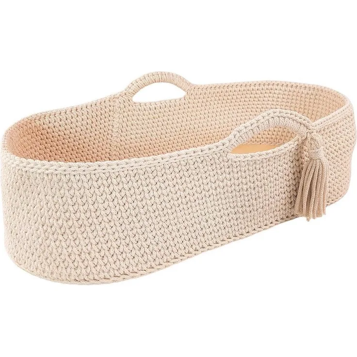 Handgehäkelter Moseskorb mit Matratze für Neugeborene – Beige