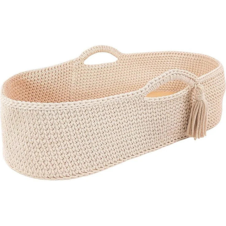 Handgehäkelter Moseskorb mit Matratze für Neugeborene – Beige – Bild 1