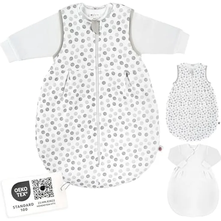 Coconette 2-tlg. Schlafsack-Set Circle Weiß Grau, 2in1 Babyschlafsack mit langärmeligen Innensack und gefüttertem Außensack, Gr. 50/56