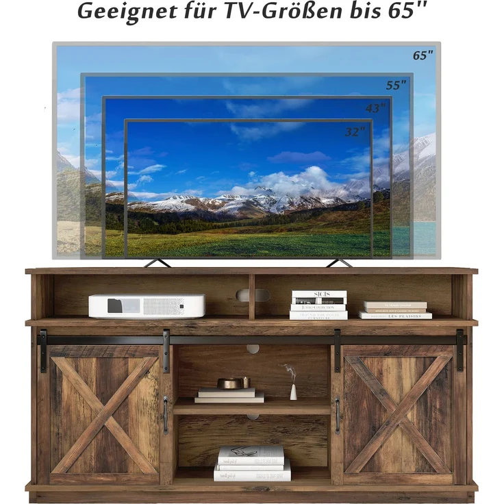 TV-Schrank 148 x 40 x 78 cm für Fernseher bis 65 Zoll, Rustikales Design mit Schiebetüren, 8 Ablagefächern, 2 höhenverstellbaren Regalen – Bild 5
