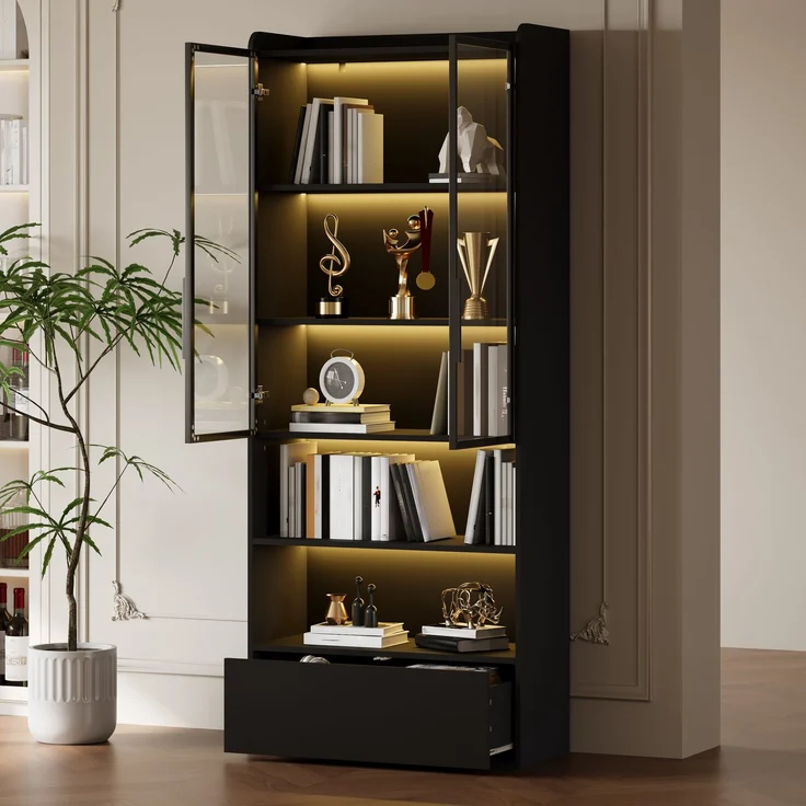 80*34*180cm Vitrine, Hochschrank mit 1 Schubladen und Glasschranktüren, Hochschrank Glasvitrine mit LED und Offene Partition, Standregal Schrank Vitrine,Wohnzimmerschrank mit Glastüren, Schwarz--Schwarz--80x34x180cm--YOUDENOVA – Bild 3
