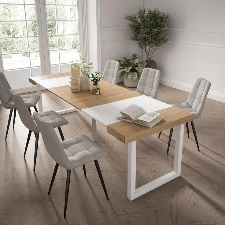 Skraut Home | Ausziehbarertisch | Multifunktionaler ausziehbarer | 260 | Für 12 Gäste | Massivholz Beine | Moderner Stil | Eiche und weiß – Bild 2