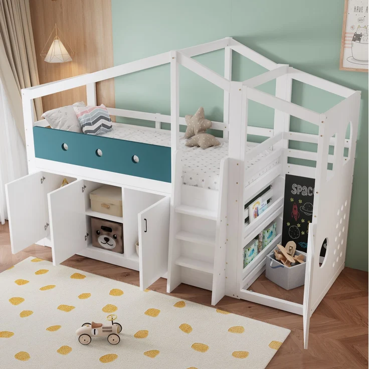 Halbhohes Kinderbett 90x200 cm in Hausform mit Spielbereich und Stauraumschrank – weiß – Bild 2