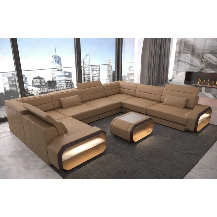 Leder Wohnlandschaft Verona U-Form – Komfort - Büffelleder - sandbeige-dunkelbraun - Rechts – Bild 2