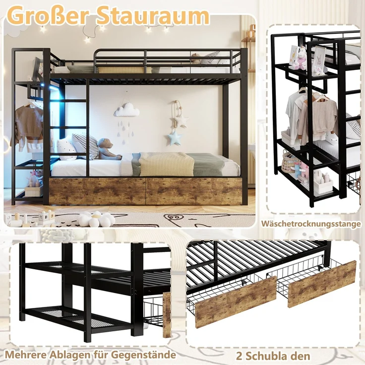Etagenbett mit Schubladen, RGB LED-Streifen, Kleiderstange, Regal, Lattenrost und Leiter, 90x200 cm, Kinderbett mit Rausfallschutz, Metallbett – Bild 5