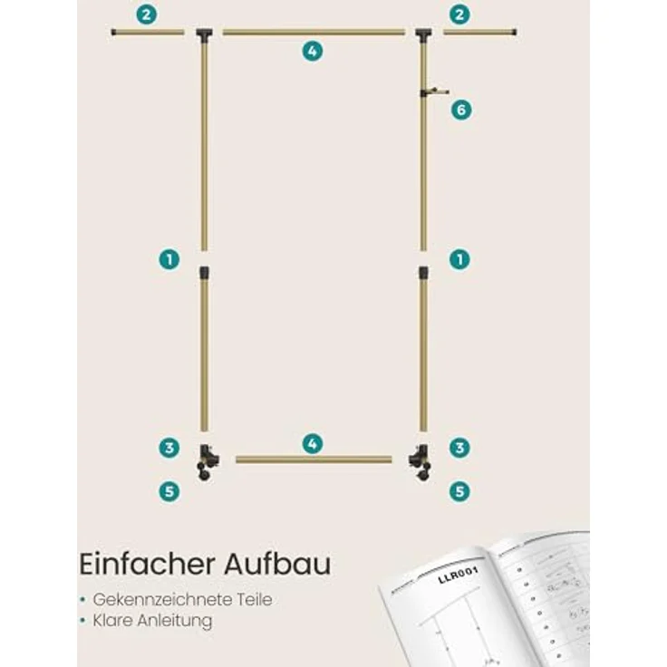 SONGMICS Kleiderständer auf Rollen, Kleiderstange, höhenverstellbar zwischen 97 und 165 cm, ausziehbare Garderobenstange, Garderobenständer, seitliche Haken für Accessoires, blassgold LLR001A01 – Bild 6