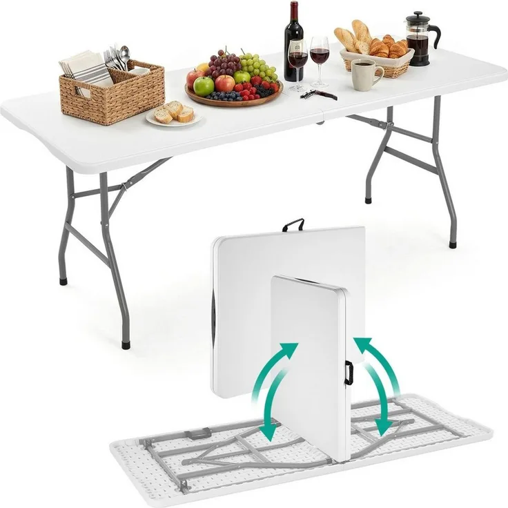 TLGREEN Gartentisch Klappbar 180 x 75 x 74 cm, Buffettisch Kunststoff mit Rattan-Optik (Campingtisch Outdoor bis 150kg Belastbarkeit, Wetterfest Partytisch mit Tragegriff & Gummifüßen), Klapptisch für Garten/Terrasse/Balkon/Grillveranstaltung