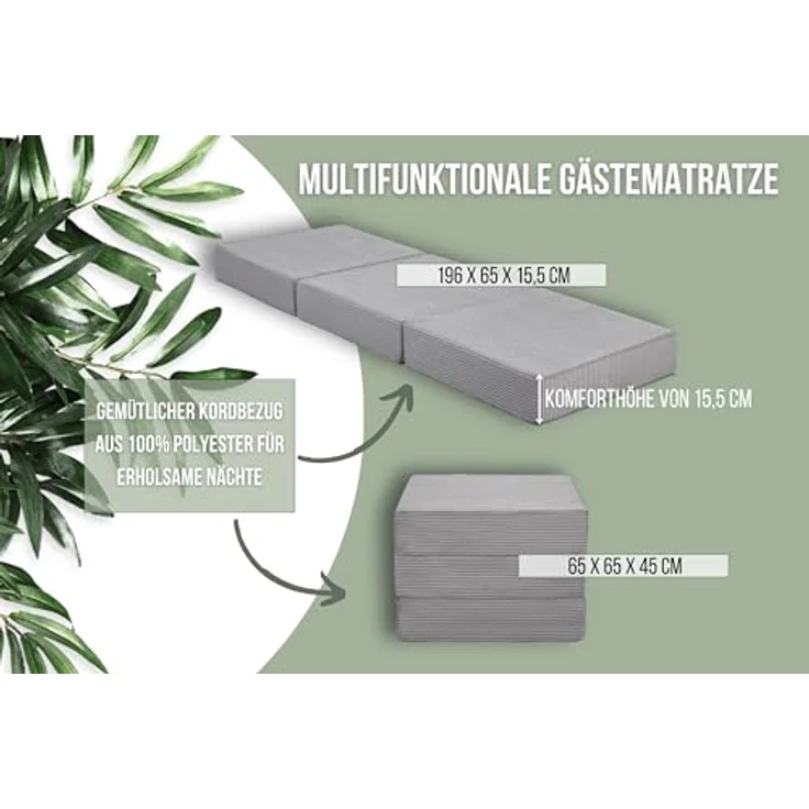 Badenia Trendline Faltbare Kord Gästematratze XXL, Komforthöhe von 15cm, 196 x 65 x 15,5 cm Liegefläche, Öko-Tex Zertifiziert, steingrau, produziert nach deutschem Qualitätsstandard – Bild 4