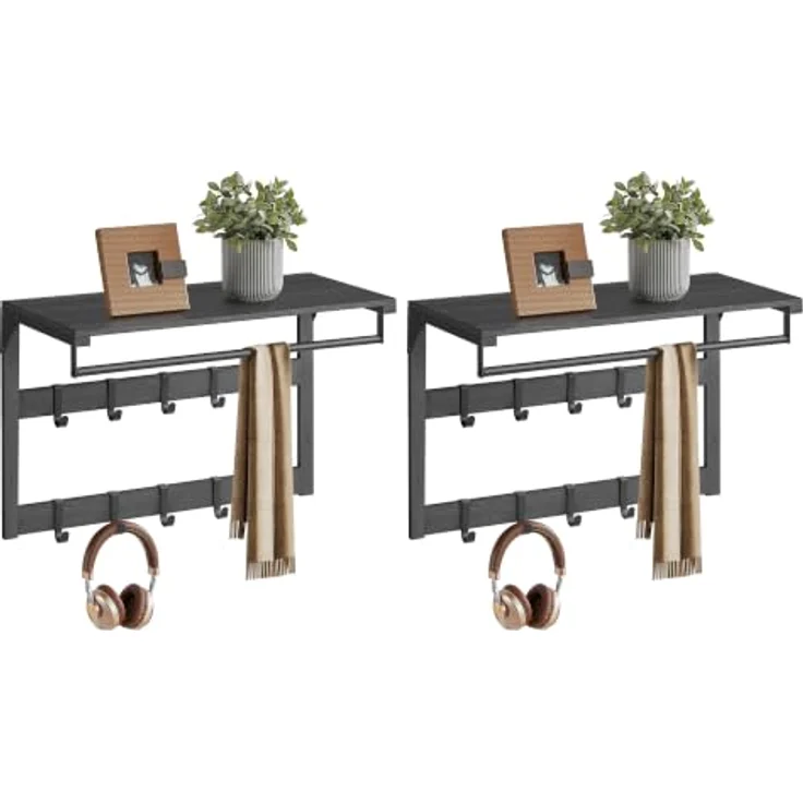 VASAGLE 2er Set Wandgarderobe, mit Ablage, Schwarz, Metall | Hakenleiste aus Holz, mit Kleiderstange, 65 x 30 x 42 cm, für Flur, COLEX Kollektion – Bild 1