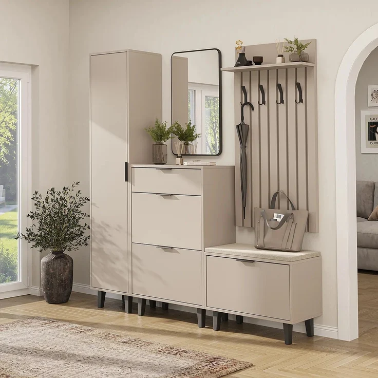 Roomart NORD Garderobenset 5-teilig – Hochschrank, Schuhschrank, Sitzbank, Garderobenpaneel & Spiegel – Flurgarderobe – H 199 x B 45 x T 35 cm (Hochschrank) • Beige – Bild 1