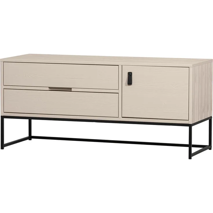 Livetastic Lowboard Silas, Hellgrau, Leder und Kiefer massiv, 1 Fach, 2 Schubladen, 120x55x44 cm, stehend, verschiedene Holzdekore erhältlich
