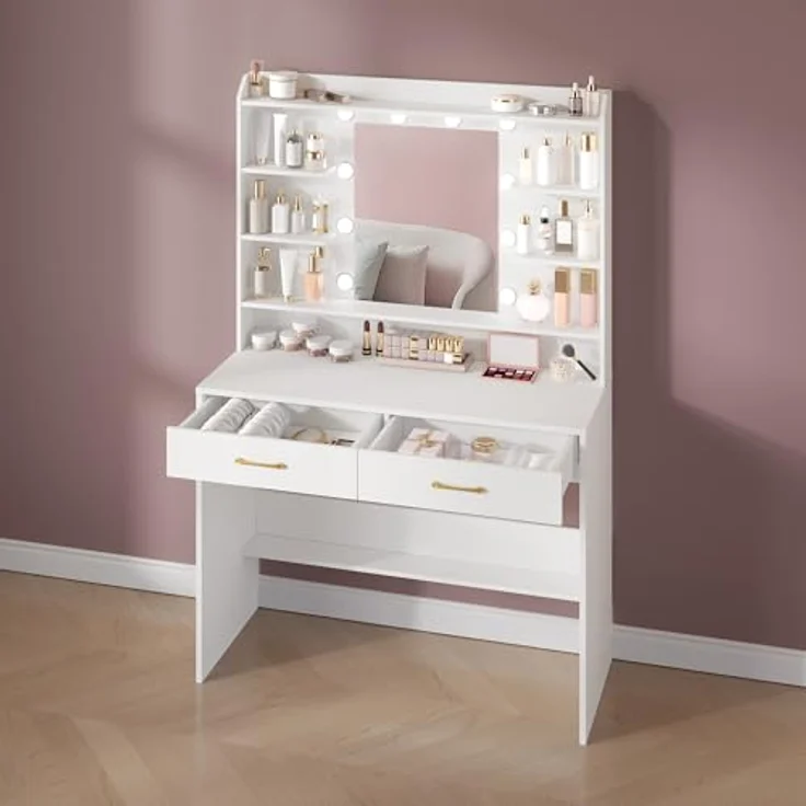 Schminktisch mit Spiegel, Schminktisch mit Ablageflächen und 2 Schubladen, für Schlafzimmer, Wohnzimmer, Verstellbare Helligkeit, Weiß – Bild 7