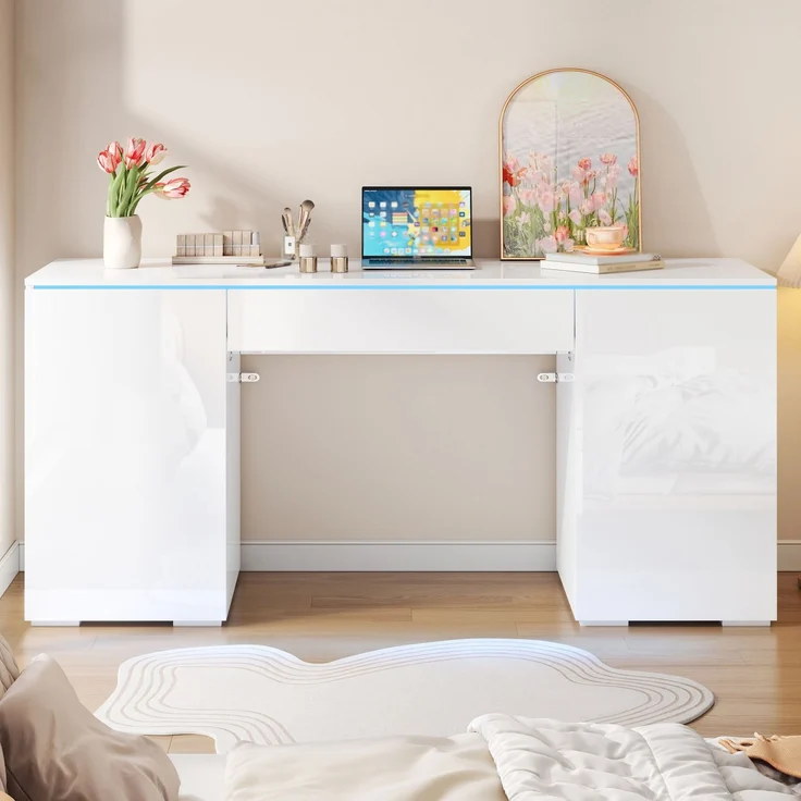 ZUBALIYA 140x50cm großer Schreibtisch in Hochglanz, mit LED-Beleuchtung, 1 Schublade und 2 Türen, moderner Computertisch mit extra großer Arbeitsfläche, Schminktisch mit Stauraum, in Weiß-Hochglanz – Bild 4
