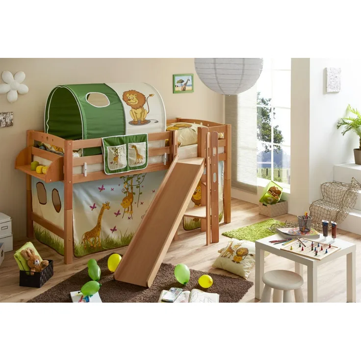 Ticaa 'Tino' Hochbett mit Rutsche, Buche massiv Natur, 90x200 cm