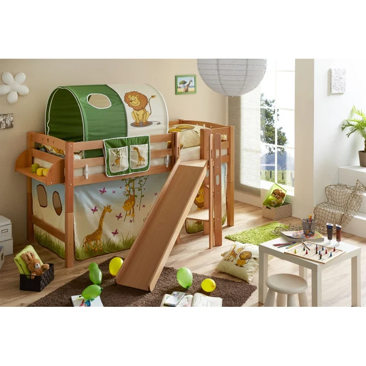 Ticaa 'Tino' Hochbett mit Rutsche, Buche massiv Natur, 90x200 cm – Bild 1