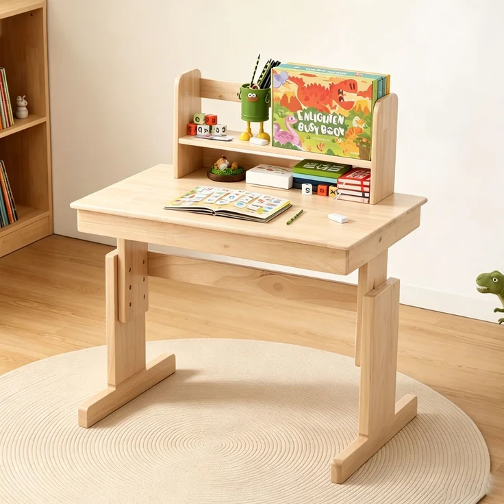 Kindertisch, Höhenverstellbarer Massivholz-Multifunktionsschreibtisch für Kinder, klappbare Tischplatte, Buchstütze, Sicherheitszertifiziert, für Kinder ab 6 Jahren--Natürlich--80x94x80cm--YOUDENOVA – Bild 5