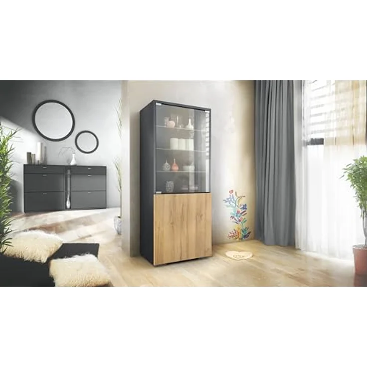 Vladon Standvitrine Granada (Vitrinenschrank, mit Glastür und Glaseinsatz) Anthrazit matt/Eiche Natur (50 x 122,5 x 34,5 cm) – Bild 3
