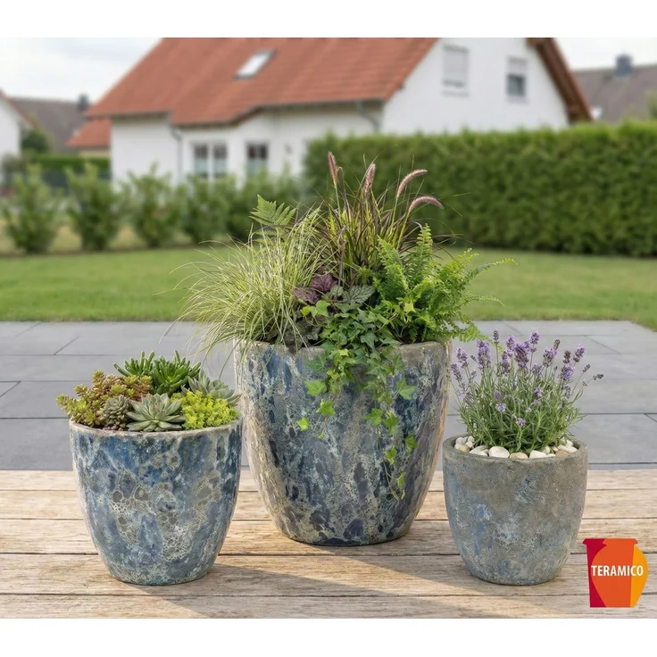 Keramik Blumentopf Eggpot Lava Blau Ø 21cm- Struktur Übertopf geschliffen Unikat – Bild 7