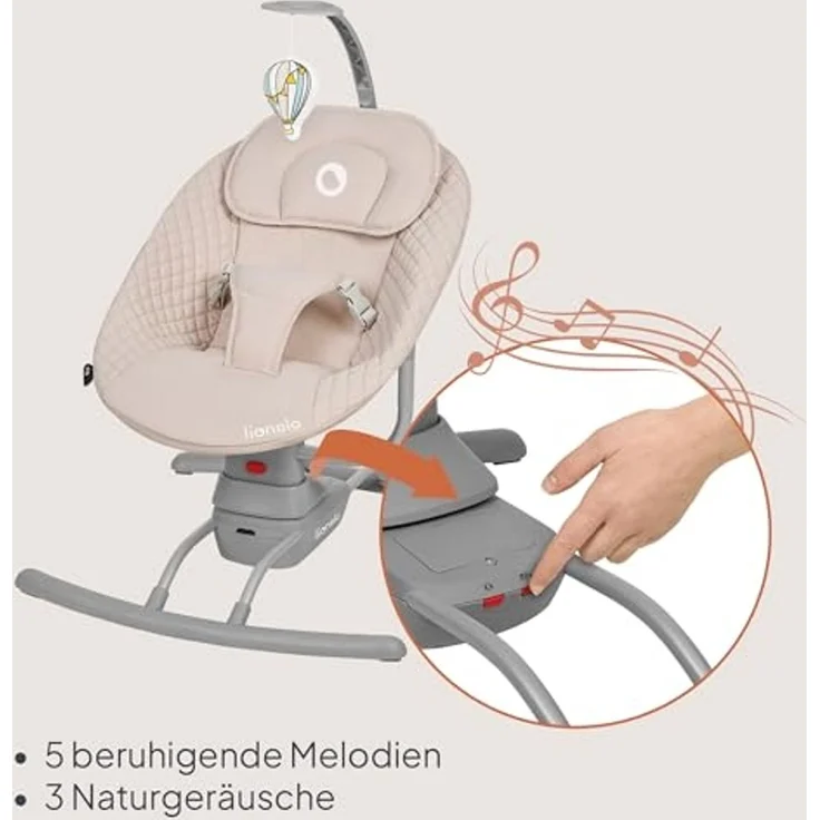 LIONELO RIO Elektrische Babywippe für Kleinkinder bis zu 9 kg Verstellbare Rückenlehne, 3 Wiegegeschwindigkeiten, Polster Sitzgurte Melodien und Geräusche der Natur Leichtes Gewicht 3,5 kg – Bild 5