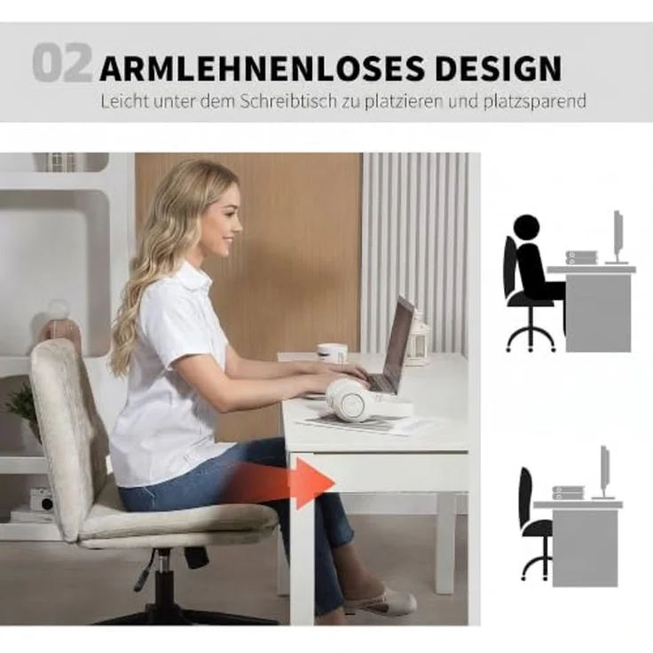 HOMCOM Homeoffice Stuhl Höhenverstellbar Drehstuhl Bürostuhl Beige | Schreibtischstuhl, Leinenoptik, Schneidersitz-Stuhl, Wippfunktion, Breiter Sitz, Rollen, Schminkstuhl, Schlafzimmer – Bild 5