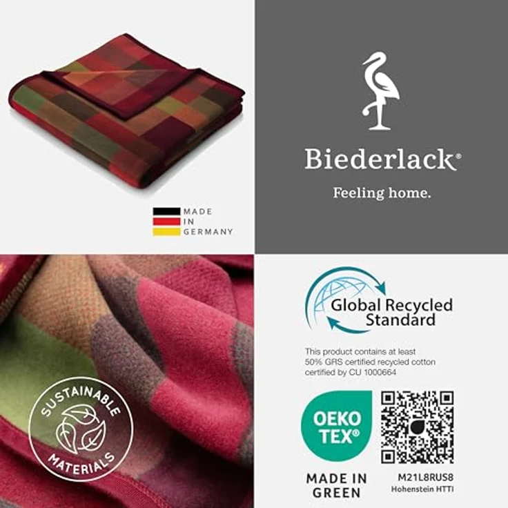 Wohndecke Color Squares red, rot-bunt karierte Decke in 150x200, Baumwoll-Mix, Biederlack, Made in Germany – Bild 7