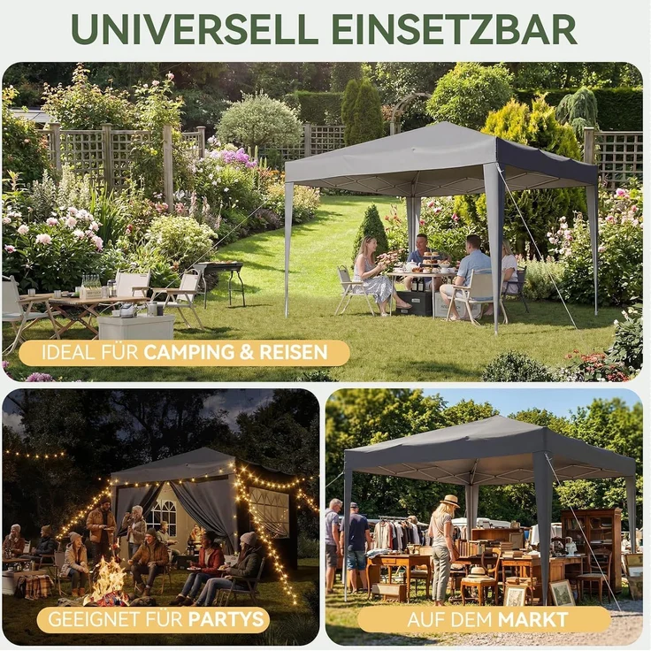 Aoxun Pop Up Pavillon 3x3 Wasserdicht mit 4 Seitenwänden, Metallrahmen-Schutzzelt, Höhe Verstellbar, 3mx3m Faltpavillon mit Tragetasche für Camping Party, Grau – Bild 8