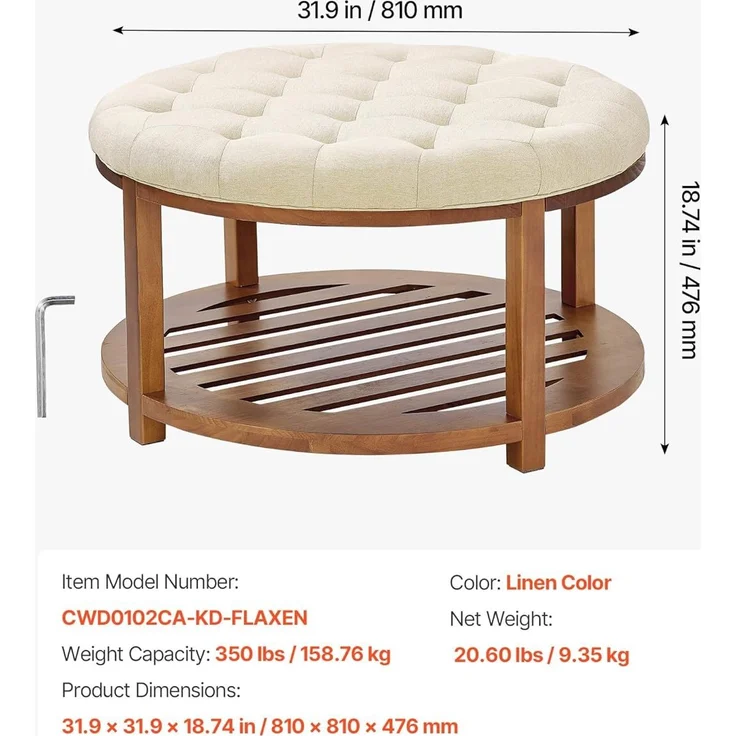VEVOR runder großer Couchtisch (810 x 810 x 476 mm) mit Ablagefläche aus Massivholz, massiv gepolsterte Ottomane mit Fußstütze aus Leinen für Schlafzimmer Wohnzimmer, 158,76 kg, Leinenfarbe – Bild 3