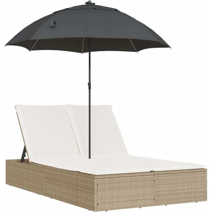 Doppel-Sonnenliege, Gartenliege mit Kissen & Sonnenschirm Beige Poly Rattan – Bild 2