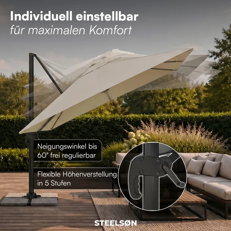 STEELSØN 'Elaris' Premium Sonnenschirm 300x300 cm quadratisch, neigbar und 360-Grad drehbar, taupe, Ampelschirm inkl. Hülle, extrem robuste Metall-Stange, 220 g/m² Polyester, UV50+ – Bild 3