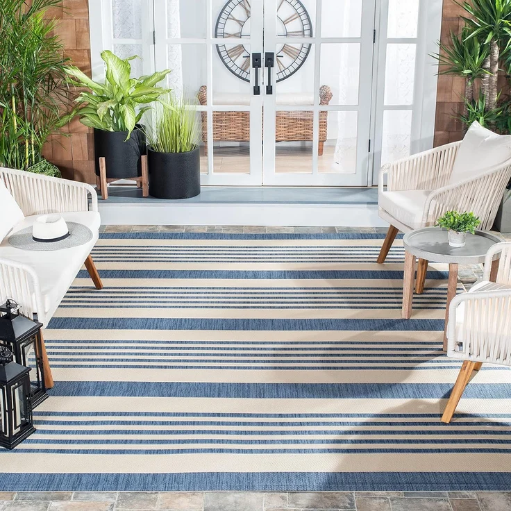 SAFAVIEH Geometrisch Teppich für Wohnzimmer, Esszimmer, Schlafzimmer - Courtyard Collection, Kurzer Flor, Beige und Blau, 79 X 152 cm – Bild 1